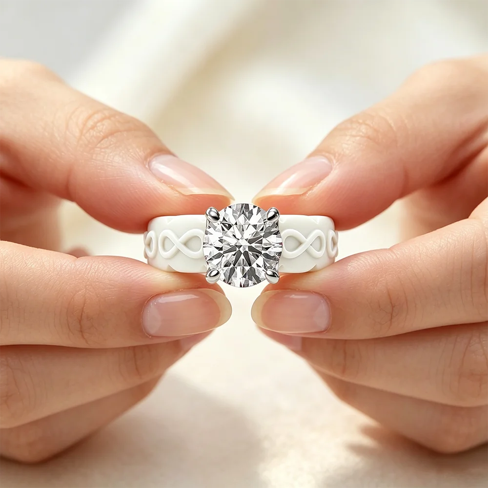 Women White Silicone Finger Ring, Infinity Pattern Wide Band, Round Center Detail, Scratch Resistant Light Stackable Ring