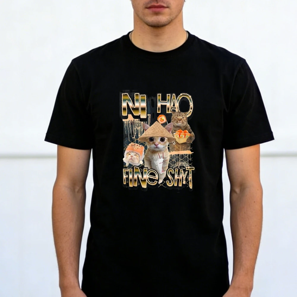 Vintage Hip Hop Ni Hao Funny Straw Hat Cat Collage Graphic Cotton T Shirt Black Internet Meme Streetwear Loose Daily Wear Tees