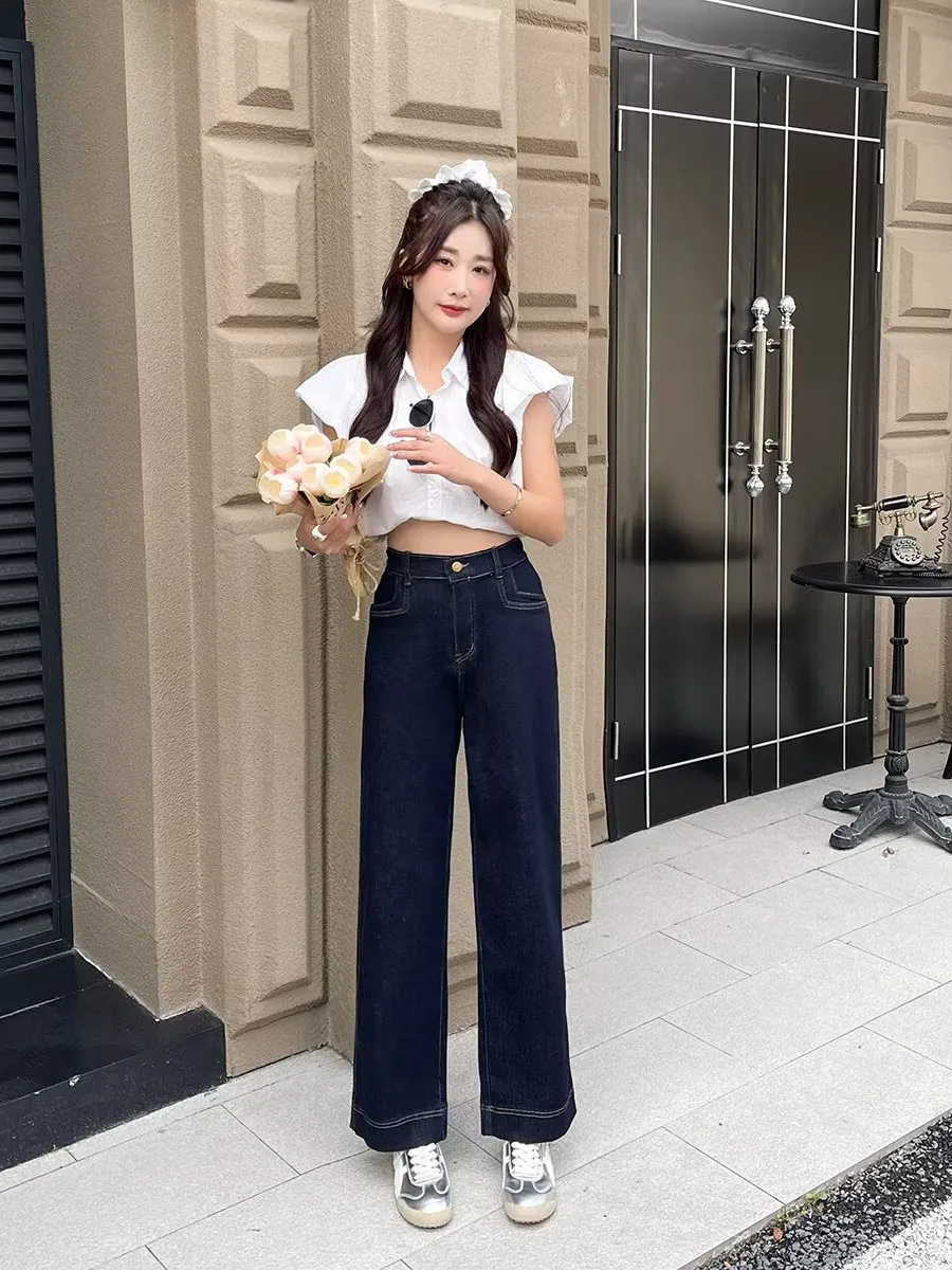 High Waist Wide Leg Jeans Slimming Concealing Straight Cut plus Size Women's Spring New Style Comfortable Loose Fit Denim
