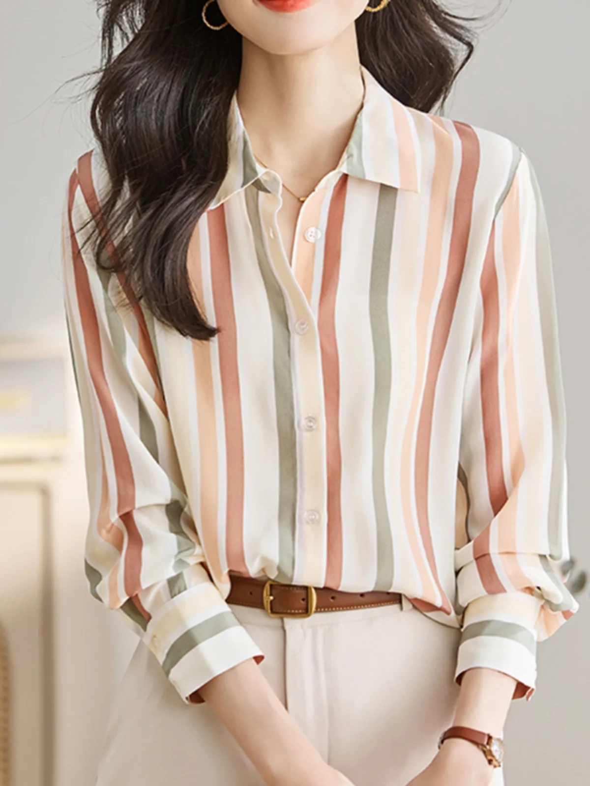 

Stripes Women's Long Sve irt Spring Autumn New Faion Cover Belly Top Small irt Hong Kong Sle Collar