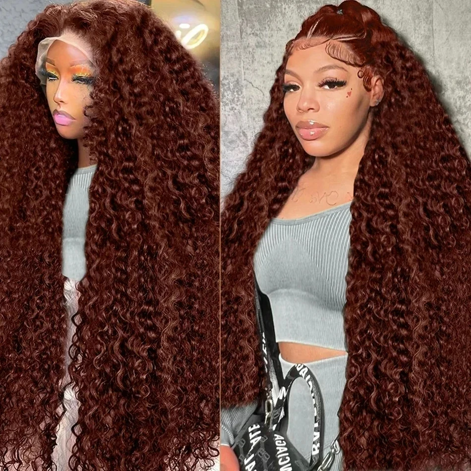 30 34 inch Reddish Brown Deep Curly 13x6 HD Lace Frontal Human Hair Wigs  13x4 Deep Wave Colored Human Hair Lace Wigs 200%