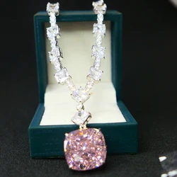 KQDANCE Sparkling Radiant Cut 20*20mm Pink High Carbon Diamond Tennis Chain Necklaces With Large Cushion Stone Women Jewelry
