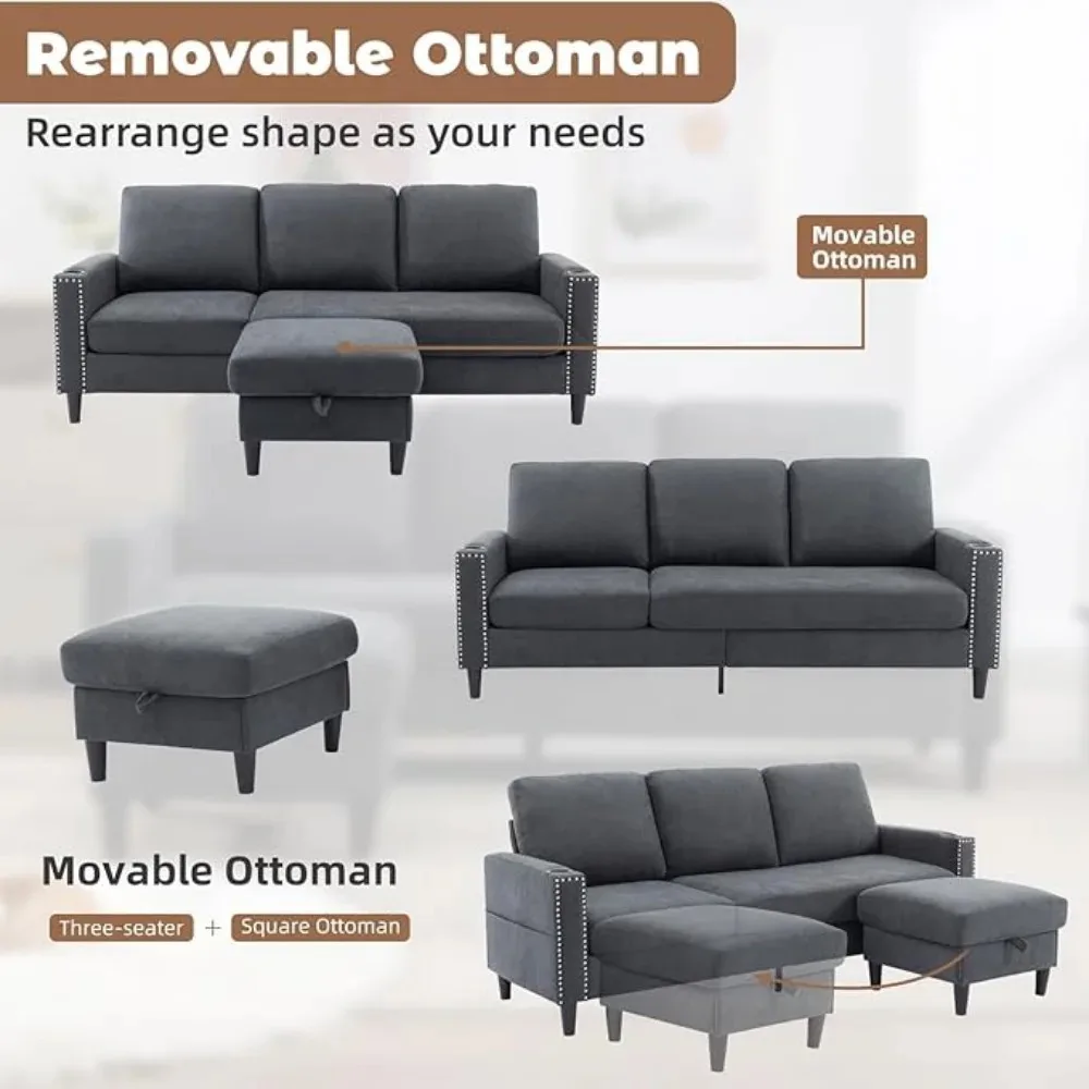 Sectional Sofa with Ottoman Nail-Head Design Linen Right Facing Modern Couches with Cup Holder L Shaped Sectional Sofa