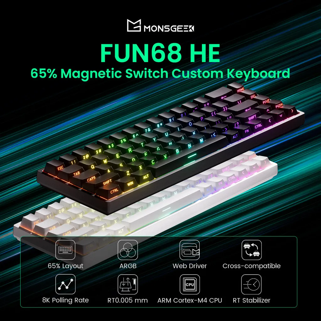 

Механическая клавиатура с магнитным переключателем FUN68 HE Type-C/2,4G и BT, беспроводная, 65% быстрый триггер, 0,005 мм, 8K, пользовательская игровая клавиатура ARGB