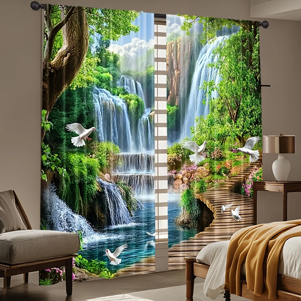 Waterfall Garden Curtains with White Doves and Lush Greenery Nature Scene Window Drapes for Living Room Bedroom Decor