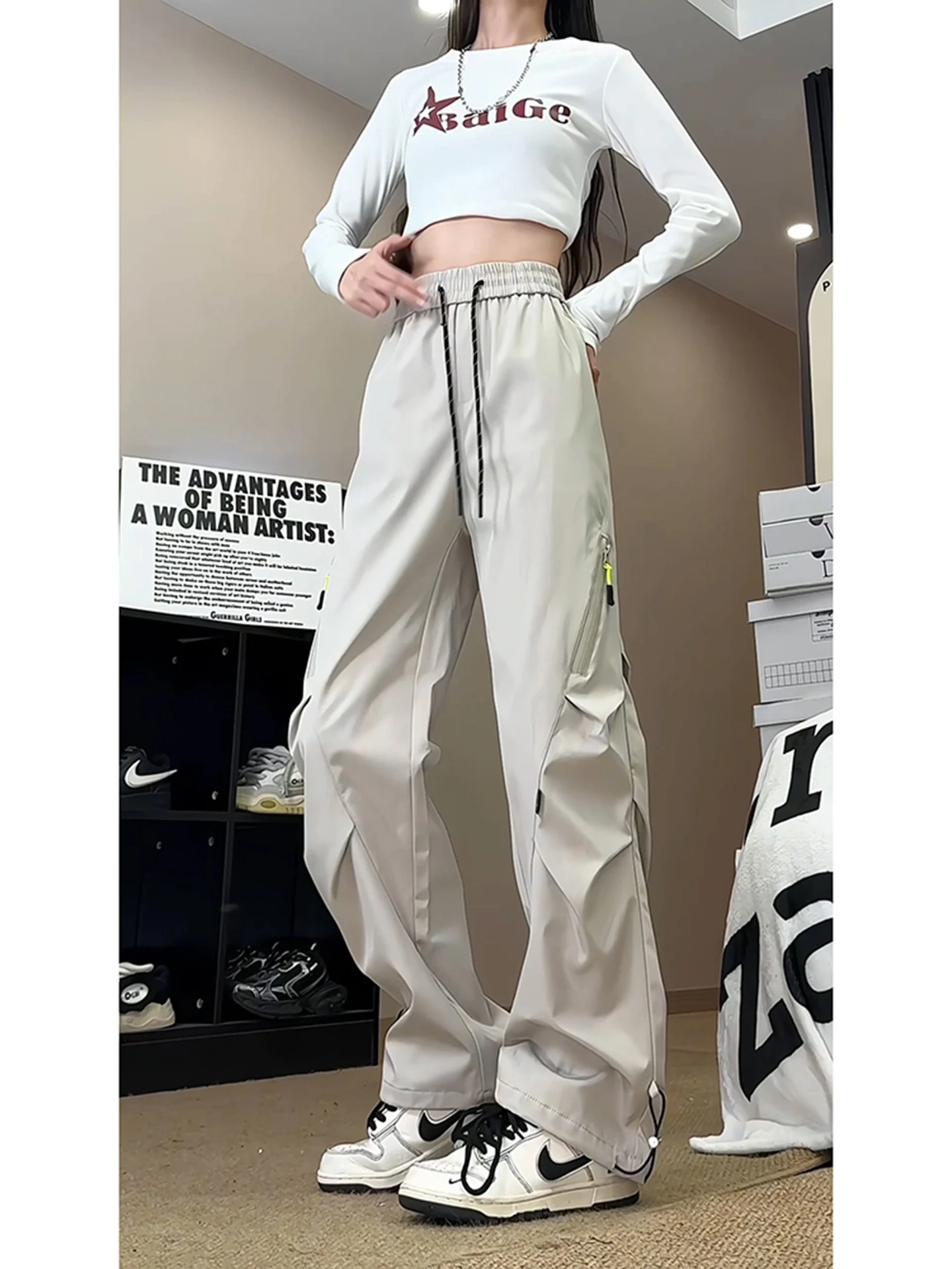 Folded Workwear Pants Men's Sle Autumn American Functional Side Zipper Slim Straight Casual Trousers Youthful Polyester Fiber