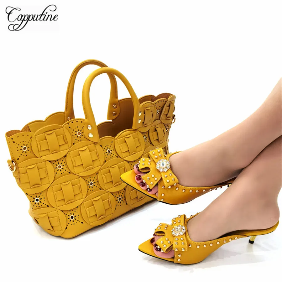 

Yellow Women Shoes And Bag To Match Fashion Women Summer High Heels Slippers With Handbag Set Pumps Pantoufle Femme CR913