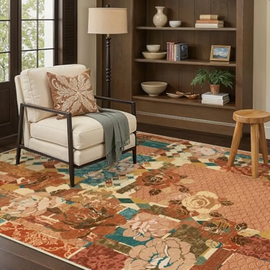 

5X7 Floral Area Rugs for Living Room hine Washable Non Slip Patchwork Washable Rug UltraThin Low Pile Chenille Rugs for Bedroo