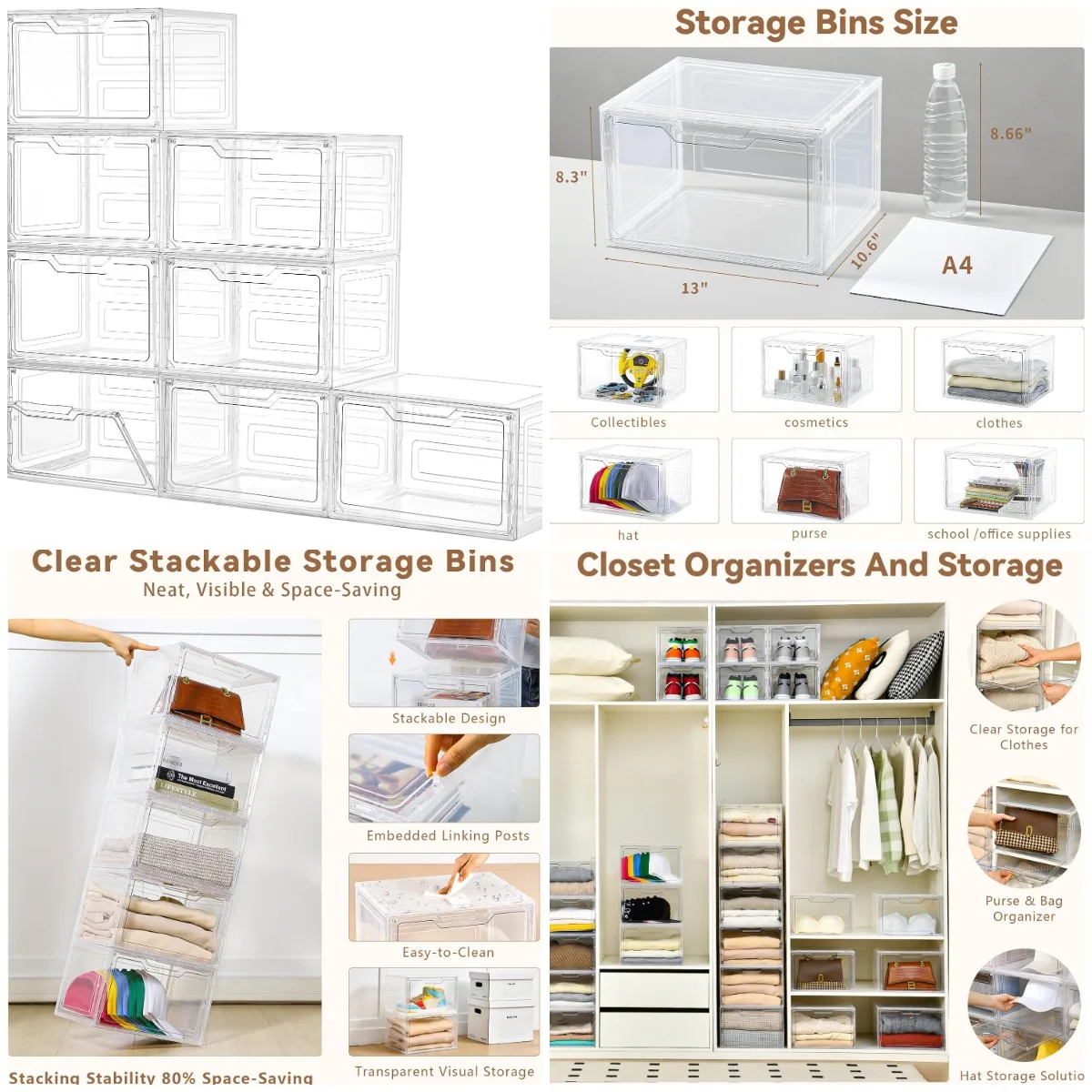 

Acrylic Storage Bins with Magnetic Door, 8-Pack Clear Plastic Containers for Clothes, Bags, Cabinet Organization