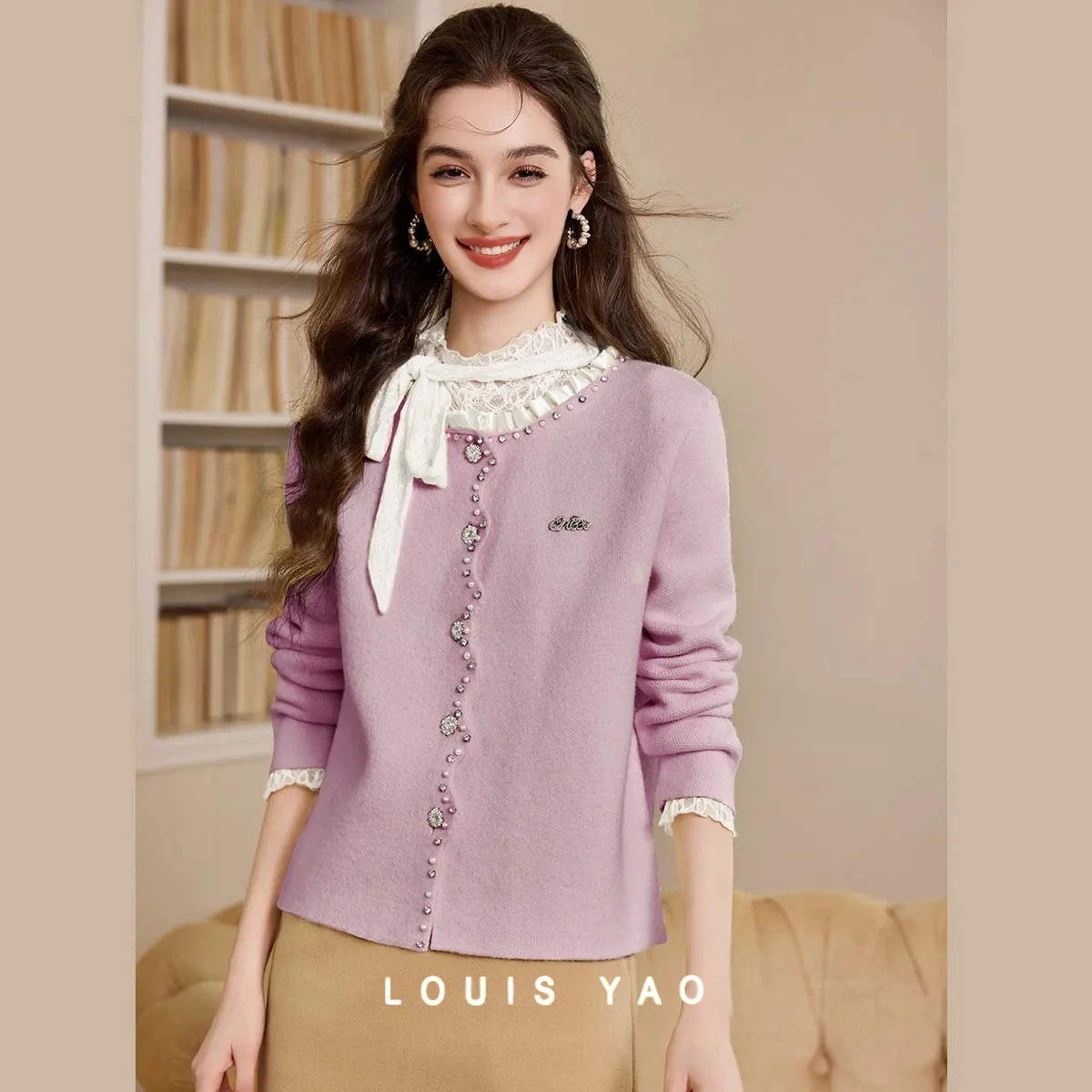 

LOUIS YAO вязаный женский свитер с бисером, осень-зима 2022, вязаный кардиган с вышивкой, утепленная верхняя одежда в стиле пэчворк