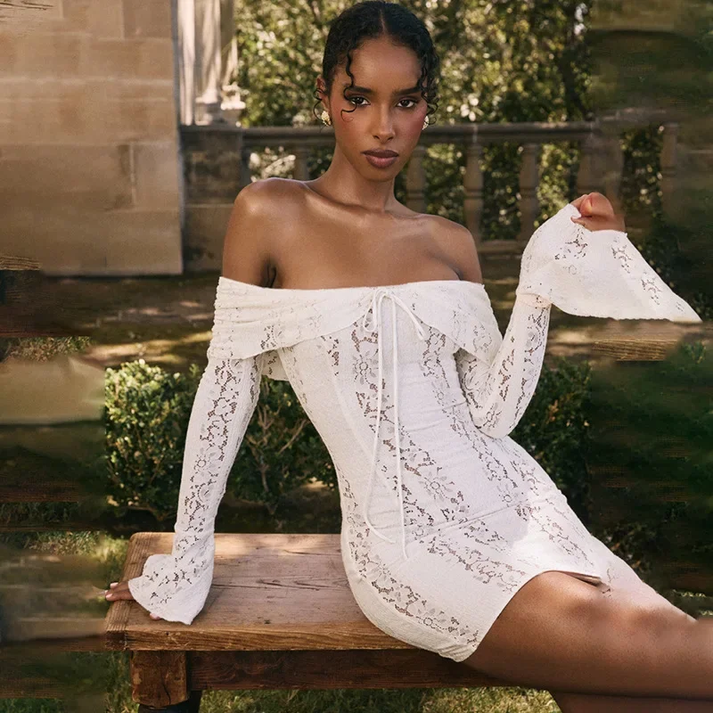 

Wedding Dresses for Women 2025 New One Shoulder Lace Dress with Long Sleeves Boho Dress m