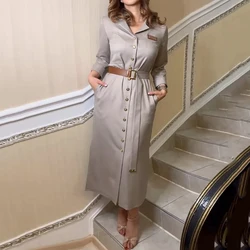 Ellafads Autumn Long Dress Women Casual Elegant Solid Long Sleeve Lapel Single Breasted Button Dresses With Belt And Pockets