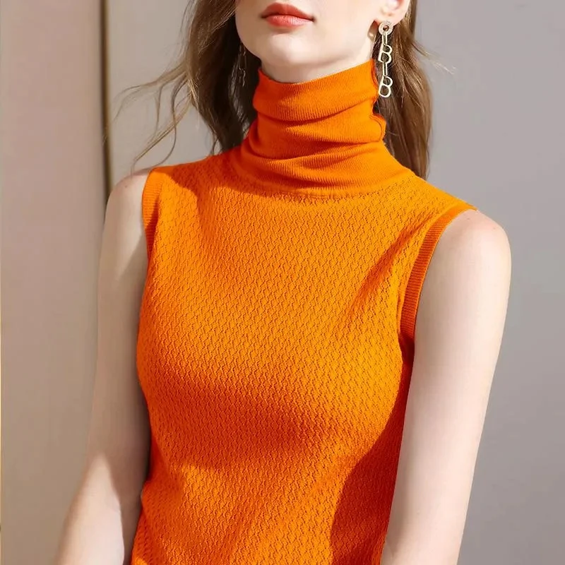 Winter Turtleneck Women's Sweater Knitted Pullover Soft SlimSleeveless Top Solid Color Basic High Neck Jumper Woman Clothing