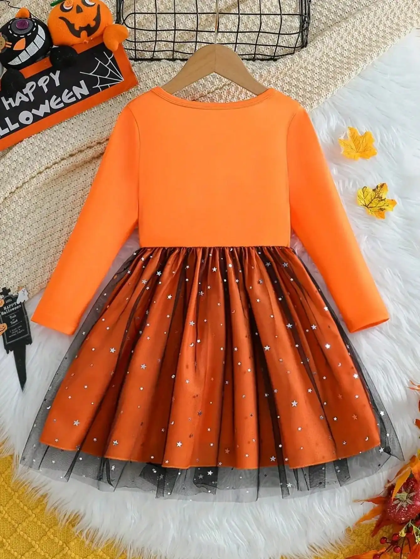 Halloween-Kleid für Kinder mit Katzenmuster, bequem, mit Rundhalsausschnitt, langen Ärmeln und einem Netzstoff-Ausschnitt an der Taille. – Detail 4