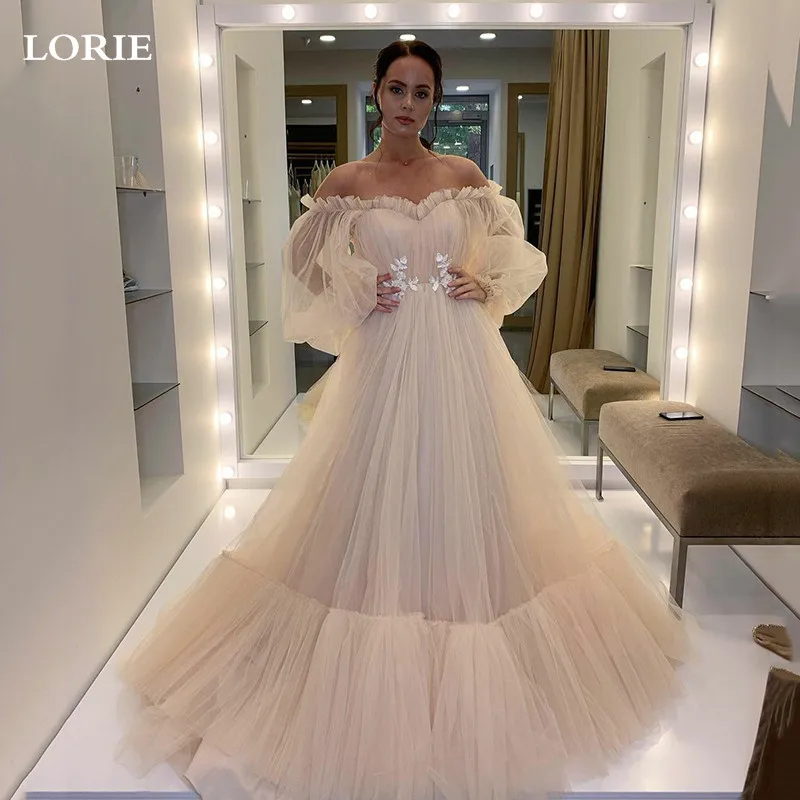 LORIE Champagne Wedding Dress A-Line Puff Sleeves Lace Bride Dress Off The Shoulder Boho Wedding Gown  2022