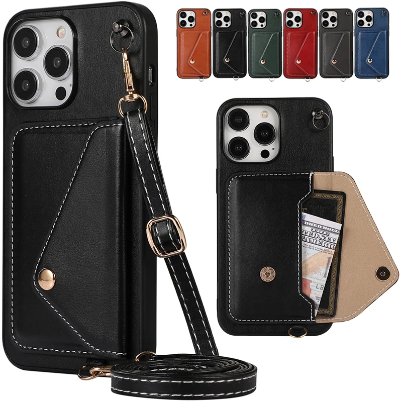 Removable Shoulder Strap Phone Cover For iPhone 15 Plus 14 13 12 11 Pro XR X XS Max 6 7 8 Plus The Back Insert Card Phone Case