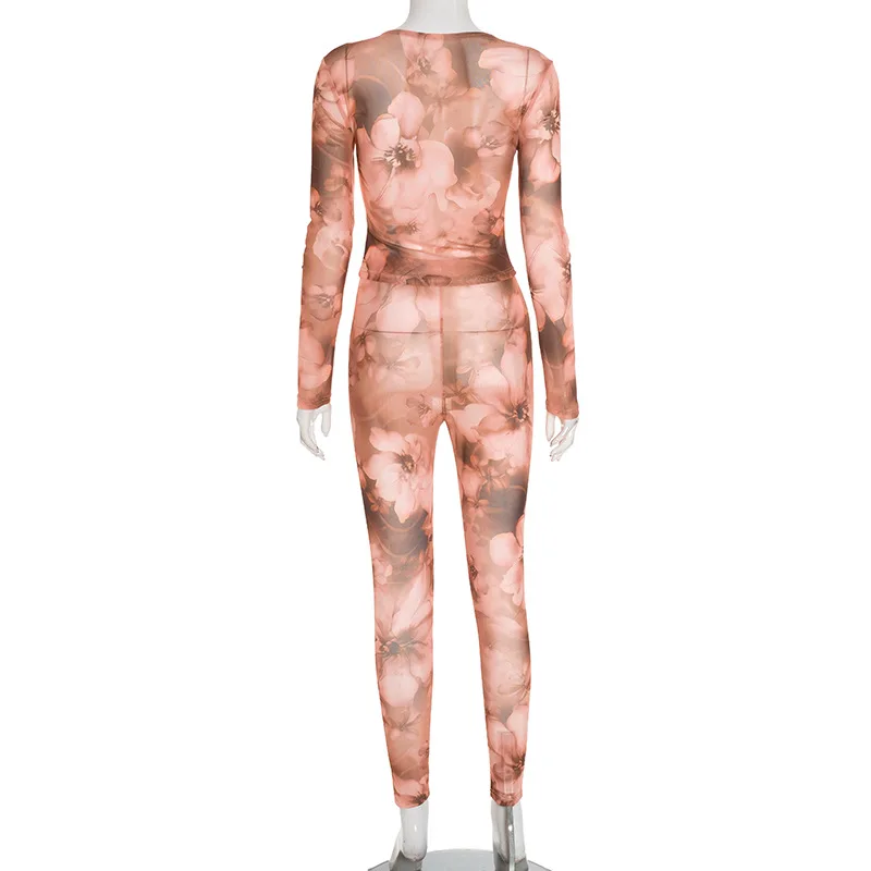 Ensemble 2 pièces en maille transparente pour femmes, imprimé Floral, col rond, T-shirts à manches longues, haut + Leggings slim, pantalon, costumes de club, survêtement