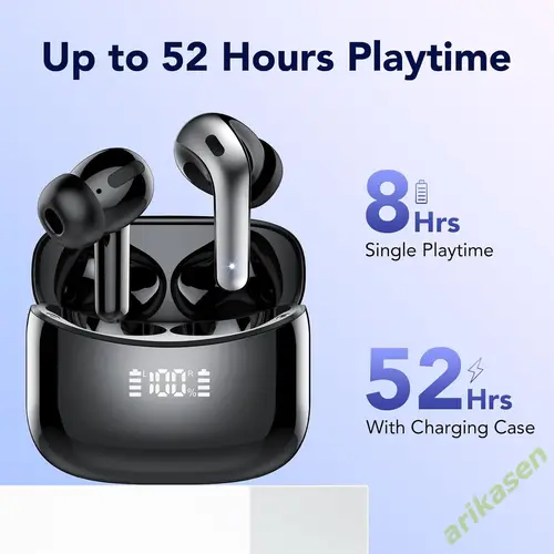 Imagen 2 del producto Auriculares inalámbricos con Bluetooth, cascos con 52 horas de reproducción, IPX7, resistentes al agua, 4 micrófonos, cancelación de ruido de llamadas con estuche de carga con pantalla LED