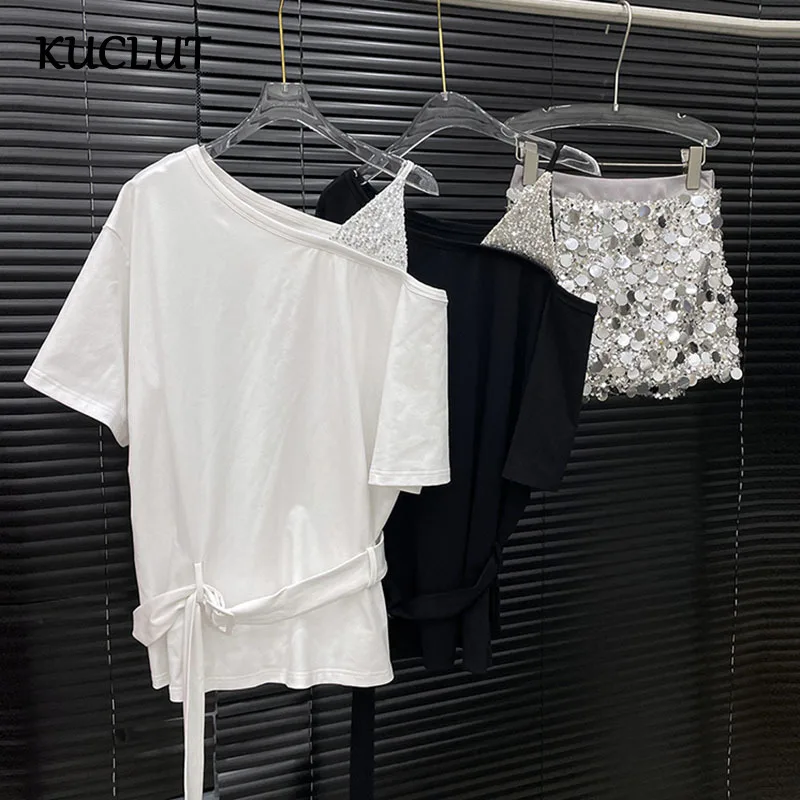 

KUCLUT Fashion Women's Sequin Spliced Asymmetric Shoulder T-shirt Evening Party Short Skirt Female Trendy New Items 1A239