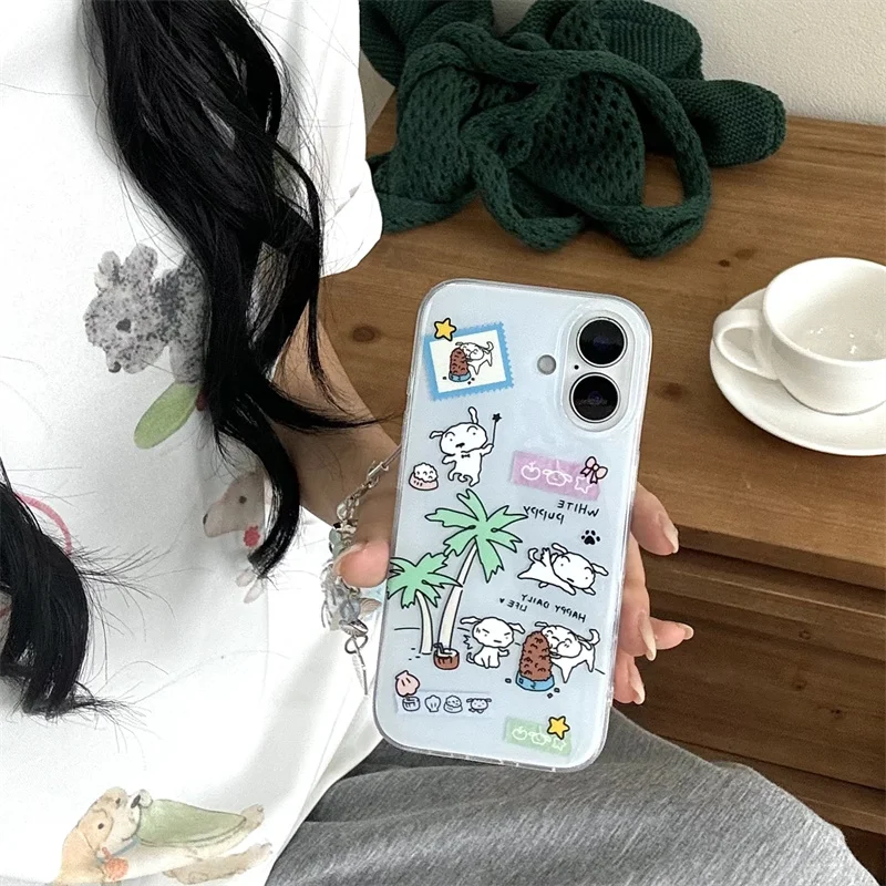 Kawaii الكرتون جرو قضية الهاتف آيفون 16 برو 15 14 13 برو ماكس غطاء مع سلسلة سحر سيليكون للصدمات لطيف حالات 16Pro