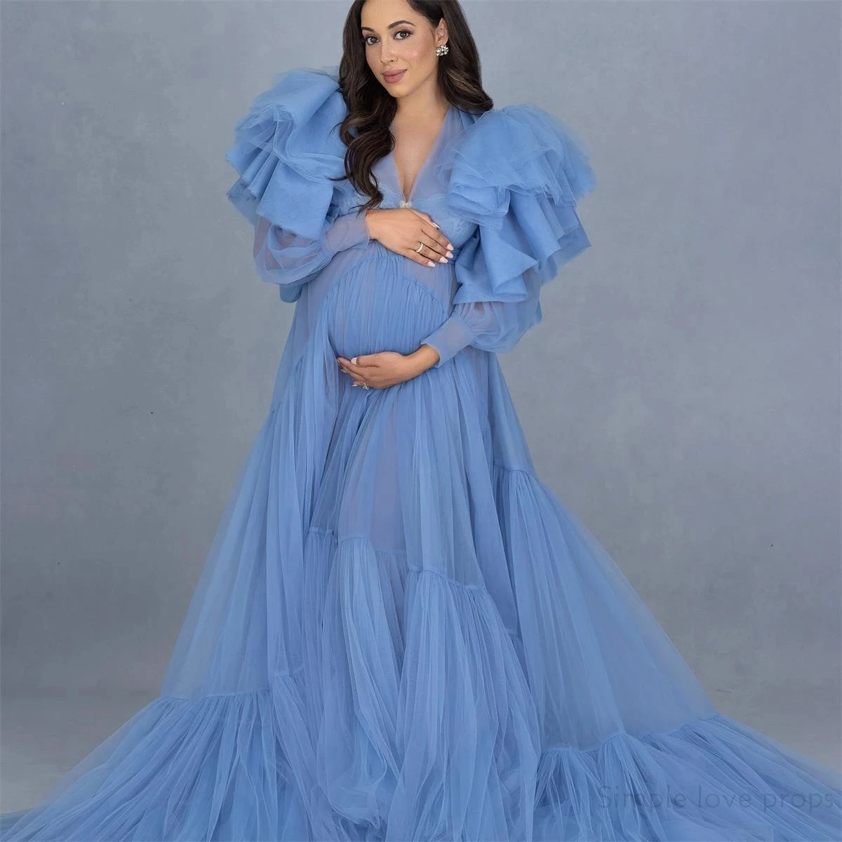 Blue Elegant Bridal Long Maternity Dress for Ruffles Fluffy Baby Shower or Photo Shoot Tulle Maternity Gowns Sheer Robes