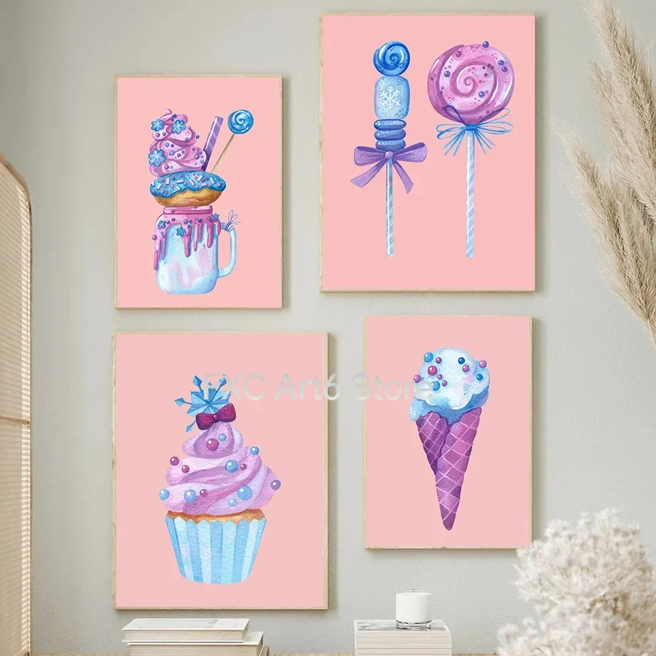 1 pieza de póster colorido sin marco con diseño de cupcakes, helados, postres y piruletas, arte de pared impreso en lienzo para habitación, dormitorio, hogar