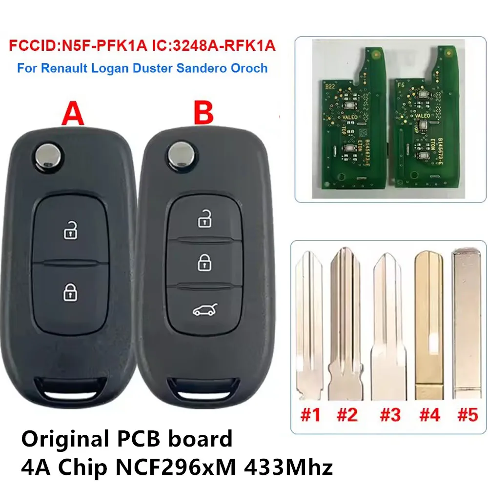 

KEYECU Original PCB Flip Remote Key FOB 2/3 Button N5F-PFK1A 4A Chip 433MHz 3248A-RFK1A For Renault Logan Duster Sandero Oroch