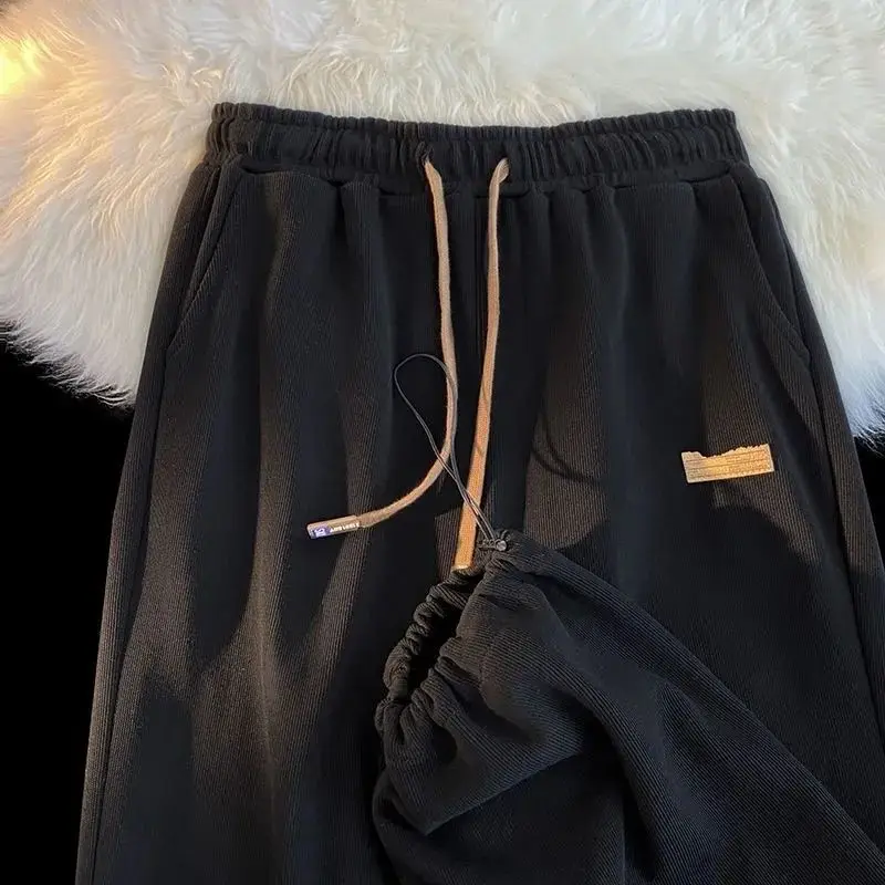 Autumn Winter Corduroy Sports Pants Men American Fashion Plus Velvet Thickened Straight Loose Drawstring Ties Casual Pants