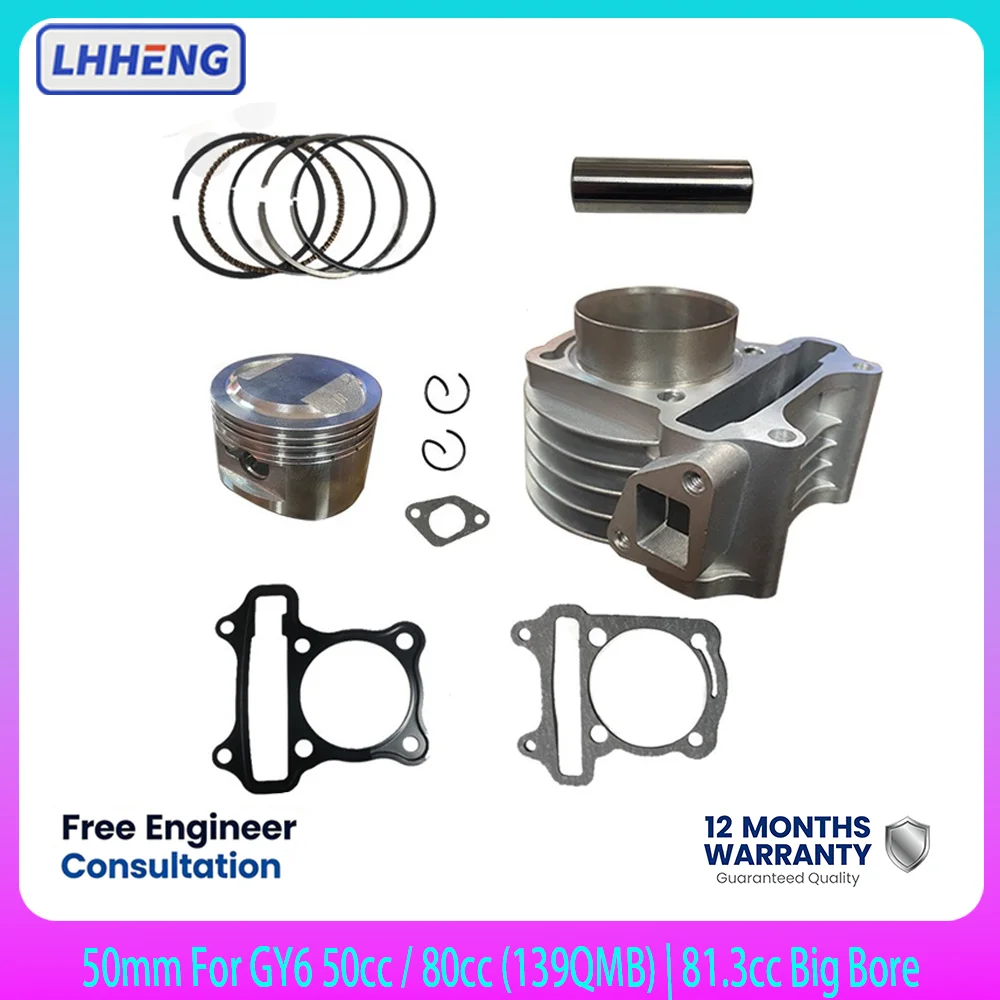Cylinder Kit 50mm For GY6 50cc 80cc 139QMB 81.3cc Big Bore 13mm Pin Top End Rebuild 49.4cc (Stock) → 81.3cc (50mm Big Bore)