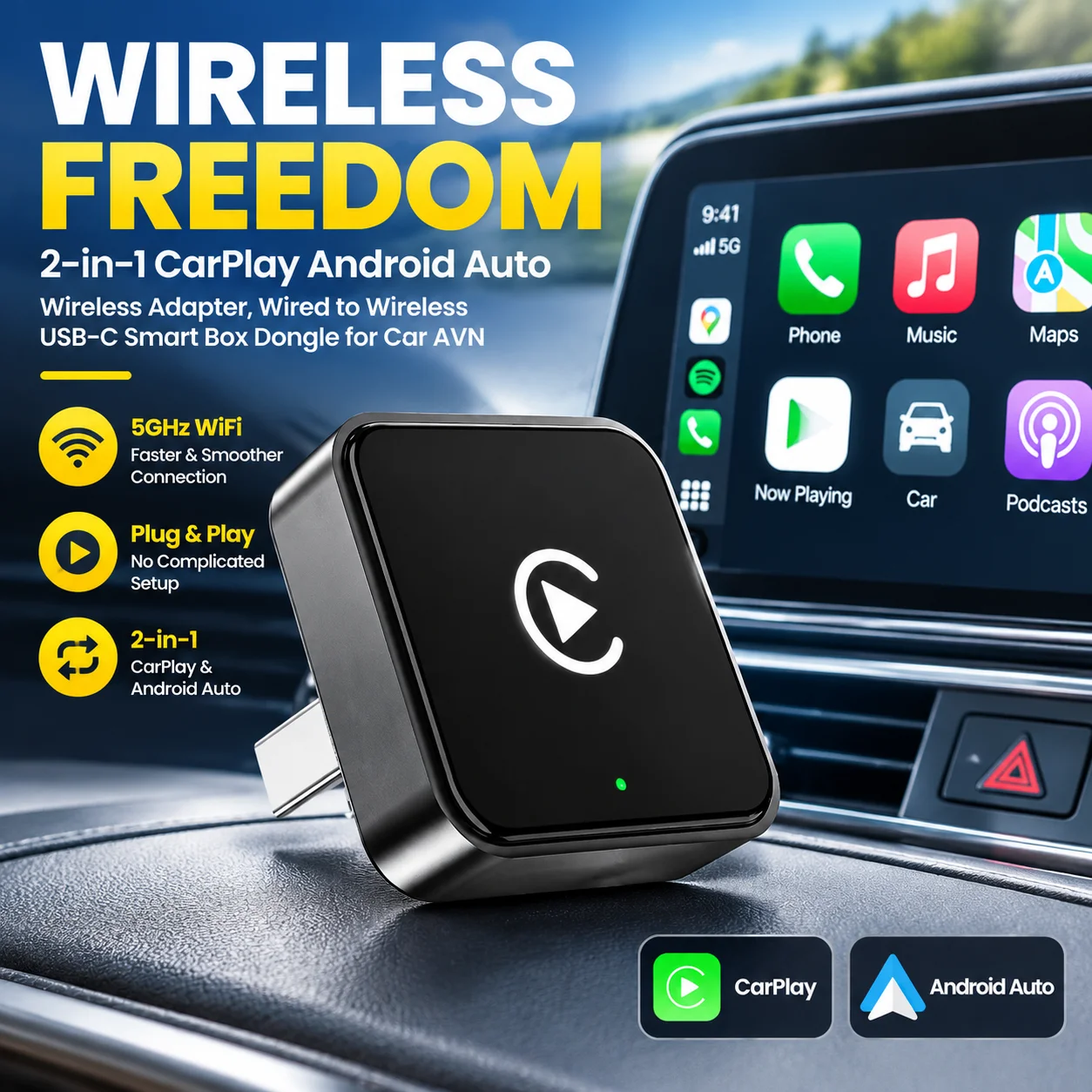 Wifi Smart Plug - 2-in-1 CarPlay Android Auto Wireless Adapter,