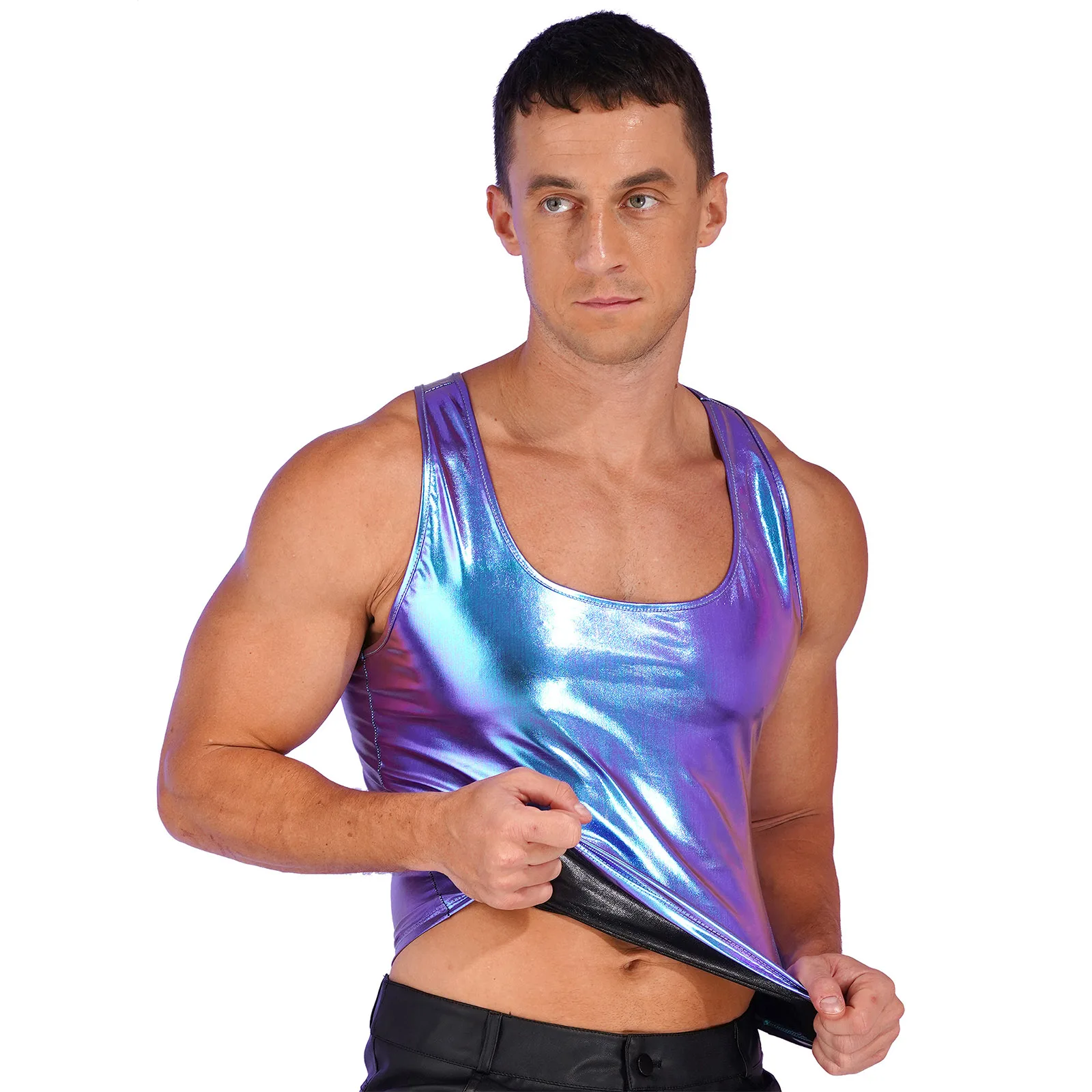 Mens Glossy Crop Tops Shiny Metallic Deep U Neck Sleeveless Vest Racer Back Slim Fits Camisole Tank Top for Clubwear Pole Dance