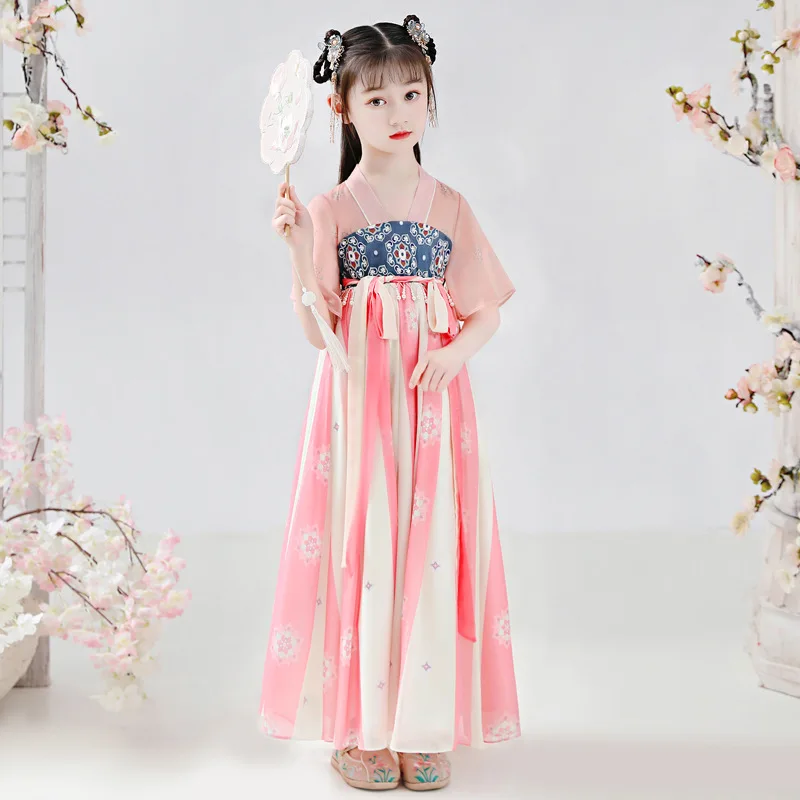 Neue Kinder Retro Chinesischen Stil Blume Druck Hanfu Kostüm Mädchen Party Abend Leistung Zeigen Prinzessin Rock Cosplay Kleid