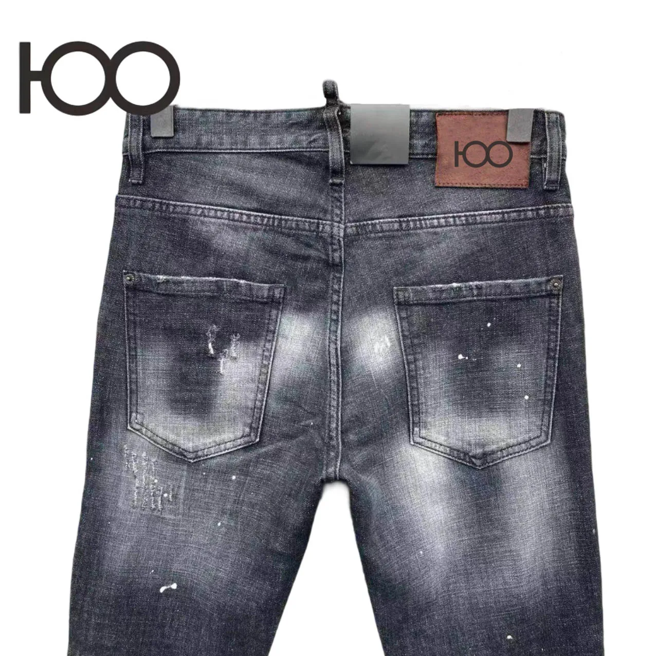 L006 Men's Punk Distressed Jeans  Skinny Fit Washed Denim Pants with Paint Splashes & Ripped Holes  Paint Accents Distressed