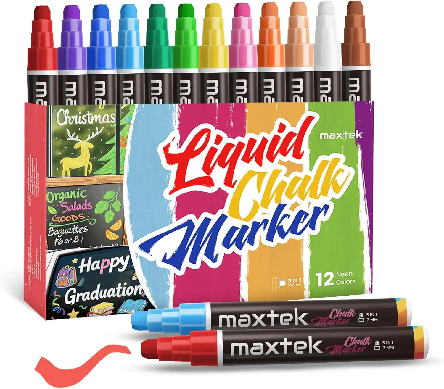 

12 Color Liquid Chalk Markers, 3-in-1 Nib, Washable for Glass, Car, Blackboard