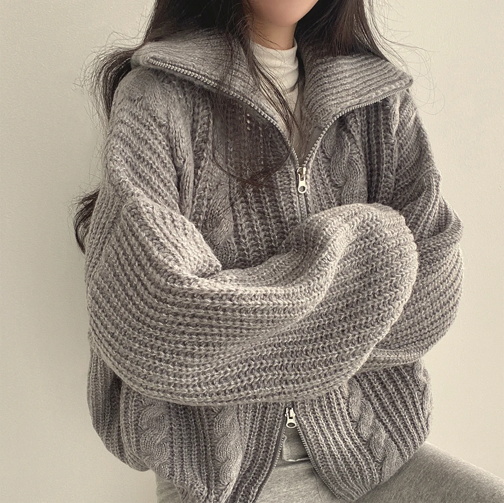 Autumn Winter Casual Zipper Y2K Cardigan Women Turtleneck Long Sleeve Oversized Knitted Basic Loose Sweate