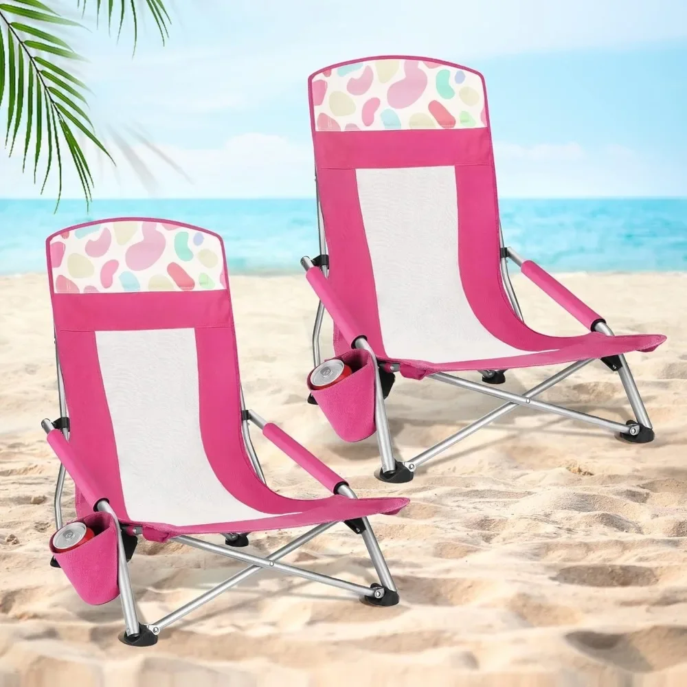 

2-Pack High Back Beach Chairs, Lightweight Low Seat Camping Chairs with Cup Holder, Padded Armrest for Outdoor Beach Camping