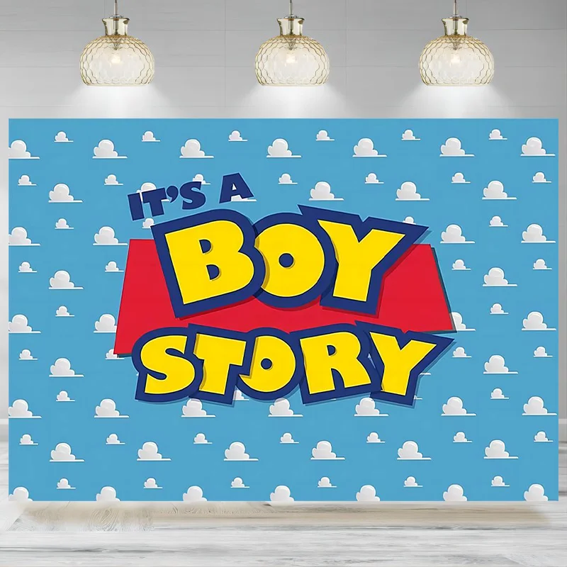 Toile de fond de photographie d'histoire de dessin animé pour garçon, fond de photo de fête d'anniversaire, ciel bleu, nuages blancs, baby shower, bannière avant