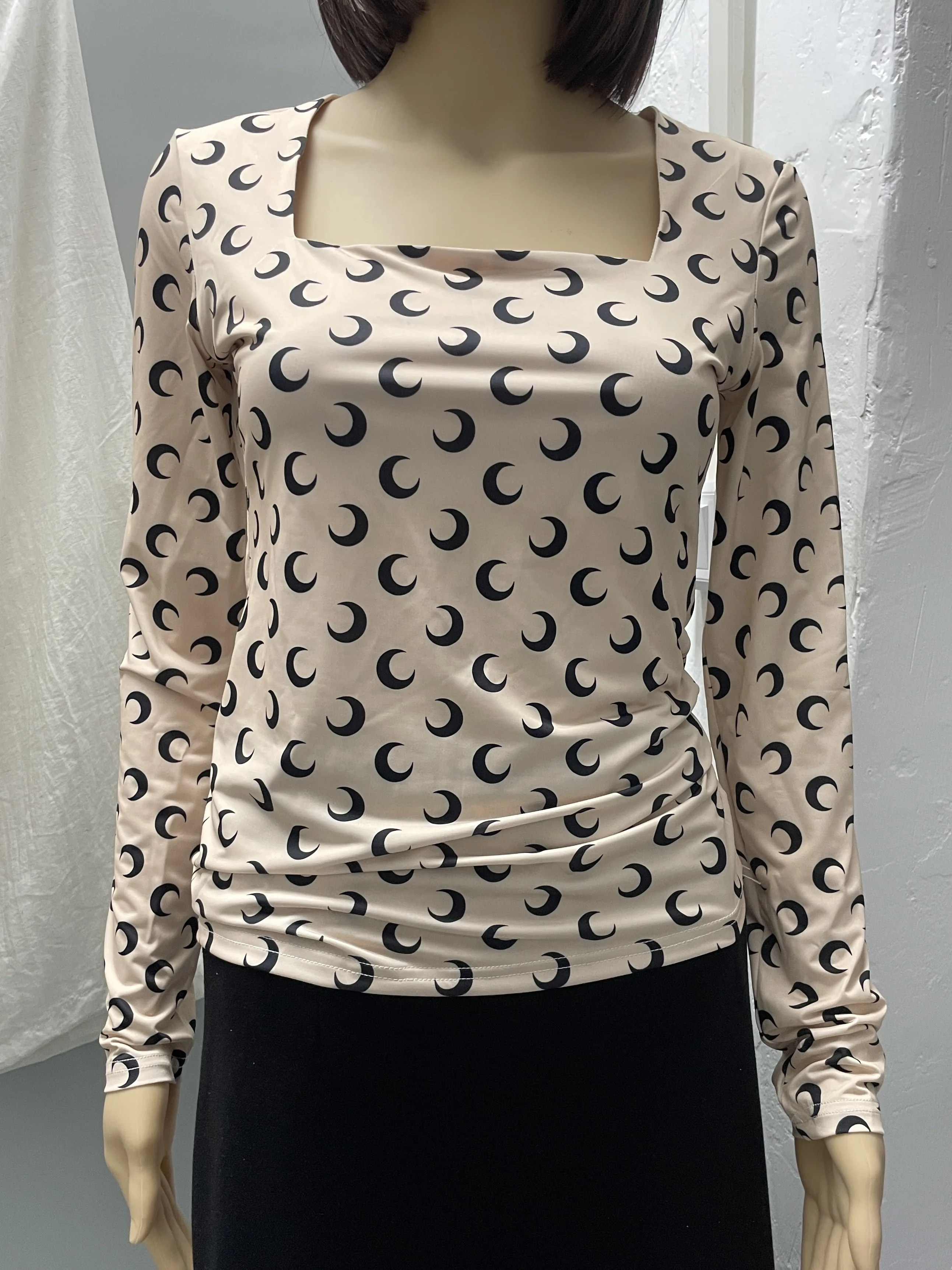 Slim Fit Ice Silk Long Sleeve T-Shirt Square Collar Elastic Moon Print Casual Style Women's Top Quality Fashion Brand