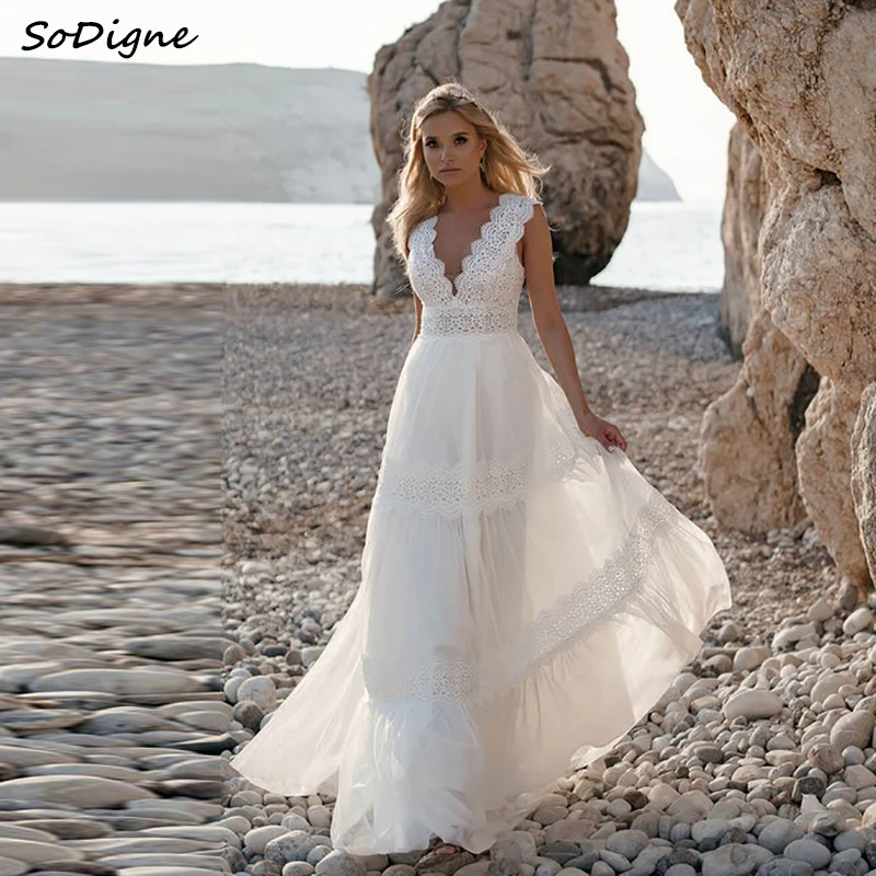 

SoDigne A-line Boho Wedding Dresses V-neck Sleeveless Lace/Tulle Bridal Dress Beach Long Wedding Gown Robe De Mairee ﻿Customized