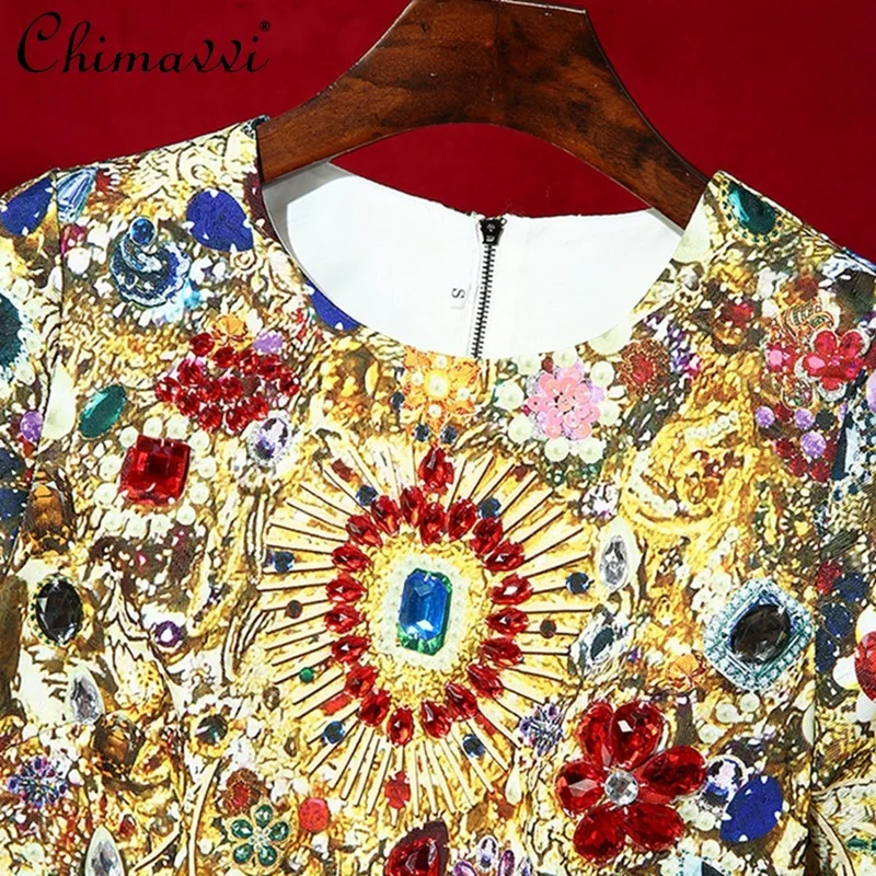 خمر المحكمة نمط الثقيلة الفاخرة الماس الجاكار فستان قصير المرأة العصرية جولة الرقبة قصيرة الأكمام فساتين أنيقة فضفاضة #3