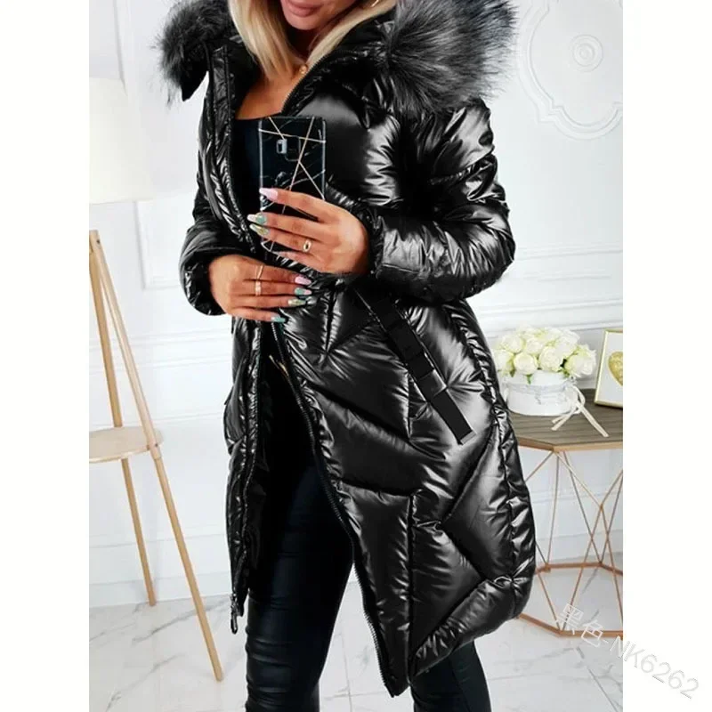 Imagem -03 - Parkas de Comprimento Médio Feminino com Colarinho de Pele Grande Cabolsa Slim Fit Sobretudos com Zíper Brilhante Roupas de Inverno Roupas Térmicas Outono