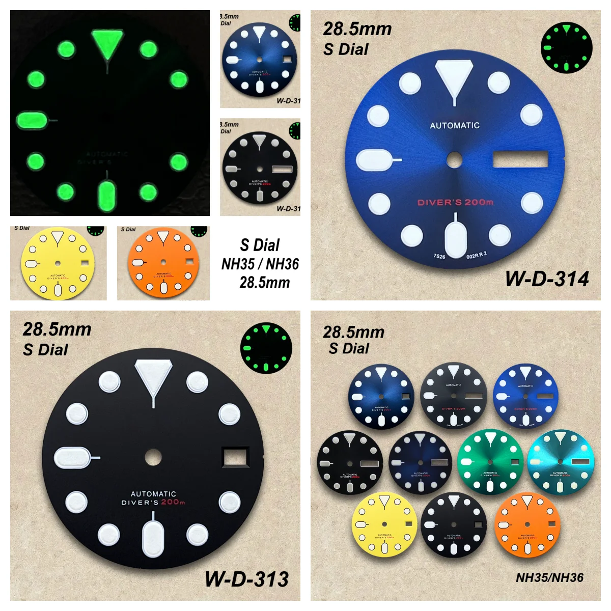 

28.5mm S Logo SKX007 Dial Fit NH36/4R36 Movement Green Luminous Matte/Sunray Dial Watch Modification Accessories
