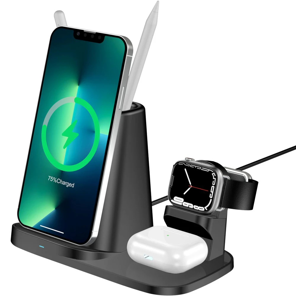 4 in 1 Wireless Charging Station with Desk Organizer, Qi Wireless Charger with iPhone Samsung iWatch Airpods Watch/Gear