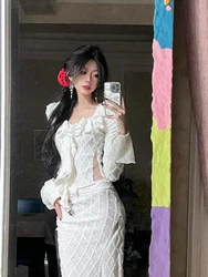 Elegant French 2 Piece Skirt Set Women Autumn Y2k Long Sleeve Blouse + Midi Skirts Vintage Suits Korean Fashion 2024 Bodycon