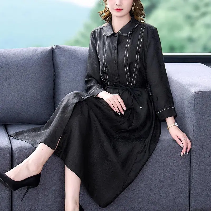 

High End Vintage Dress Women's Mid Length Autumn 2023 New Fashion Single Breasted Lace Up Female Large Size Dresses Robe Z3094