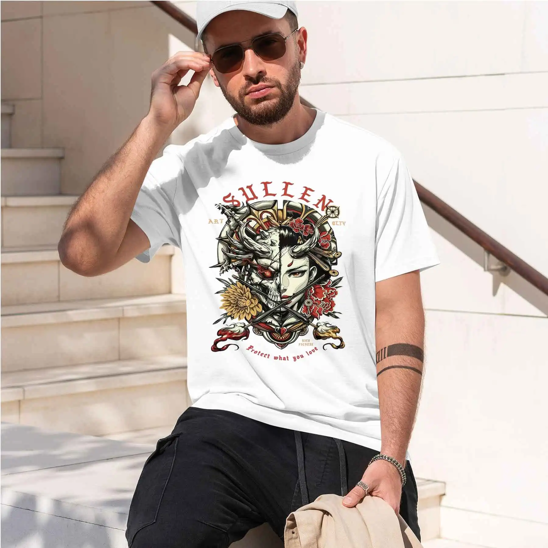 new printed T-shirt Men's Ukiyo-e Style Half Geisha Half Oni Mask Print T-Shirt Dark Streetwear Trendy Short Sleeve Top