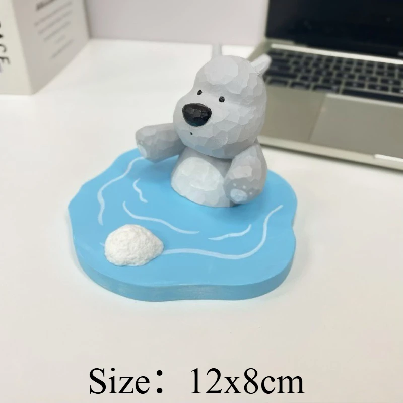 Unique Handmade Solid Wood Q-version Polar Bear Ornament Office Desk Phone Holder Multifunctional Pendant Creative Birthday Gift