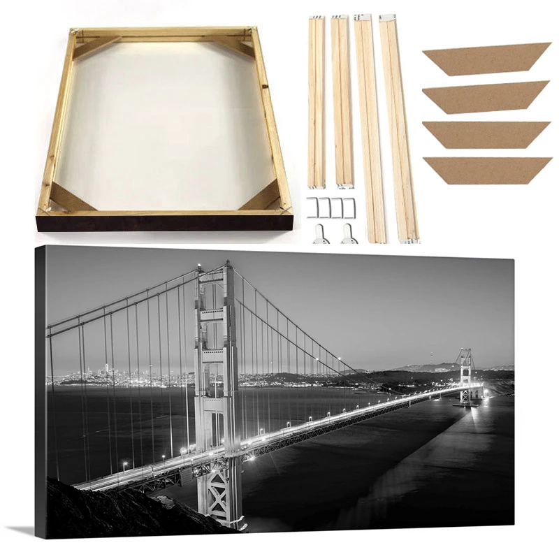 American City Night Wall Art Canvas Painting with Frame Boston Francisco Bridge Washington Scenery Poster Black White Picture