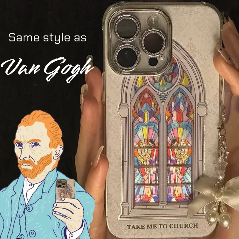 Silicone Soft Cover Van Gogh Style Fashion Religious Church Dyed Shiny Diamond Glass Film IPhone Case 15 14 13 12 11 Pro Max