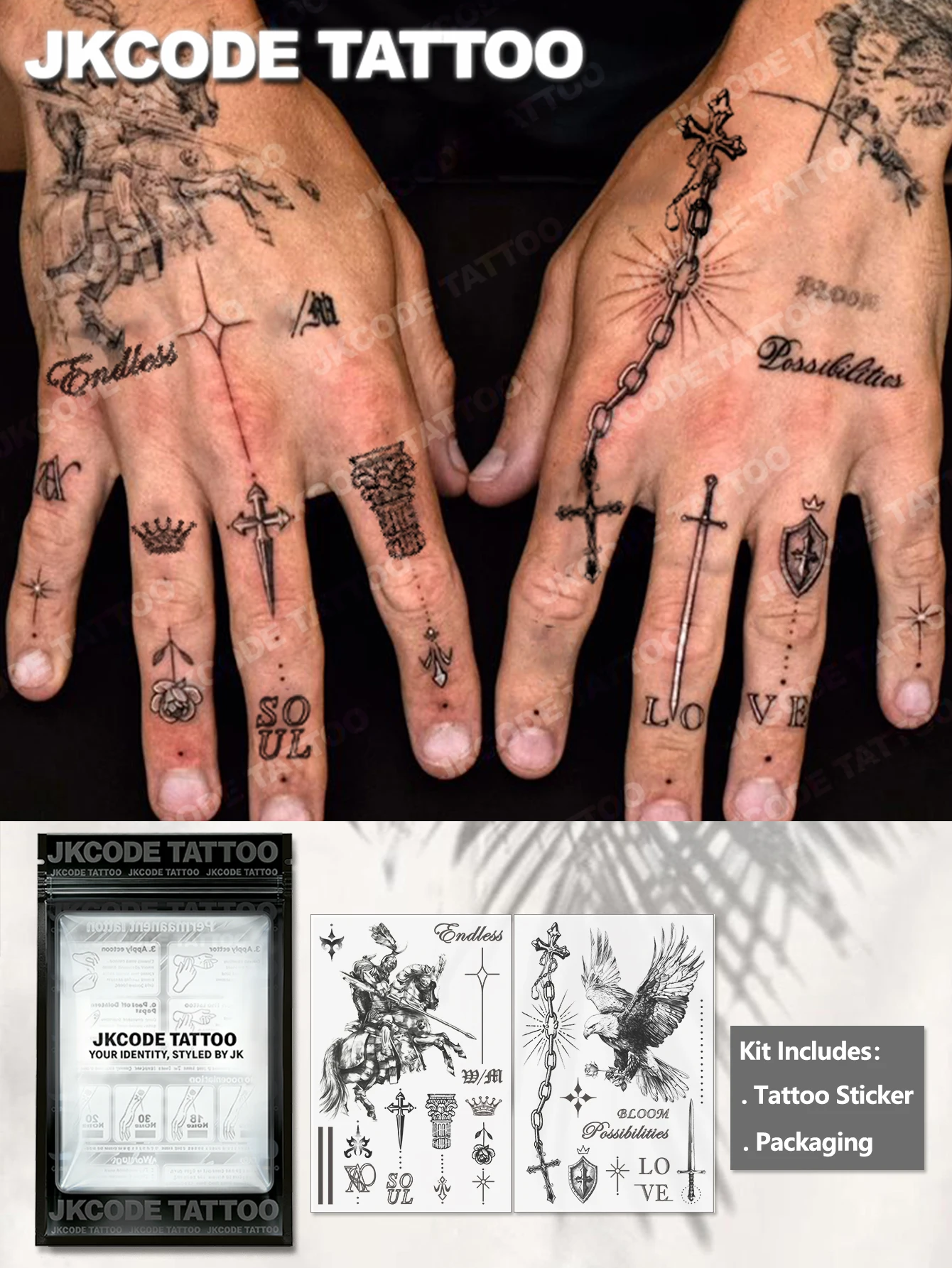 2 Pieces of Waterproof Semi-Permanent Tattoos, [Vintage Classic Old School Style] Retro Temporary Tattoos - Knight, Rose, Sword, Eagle, Cross Designs - Fashionable Waterproof Semi-Permanent Tattoos for Men, Suitable for Neck, Hands, Fingers